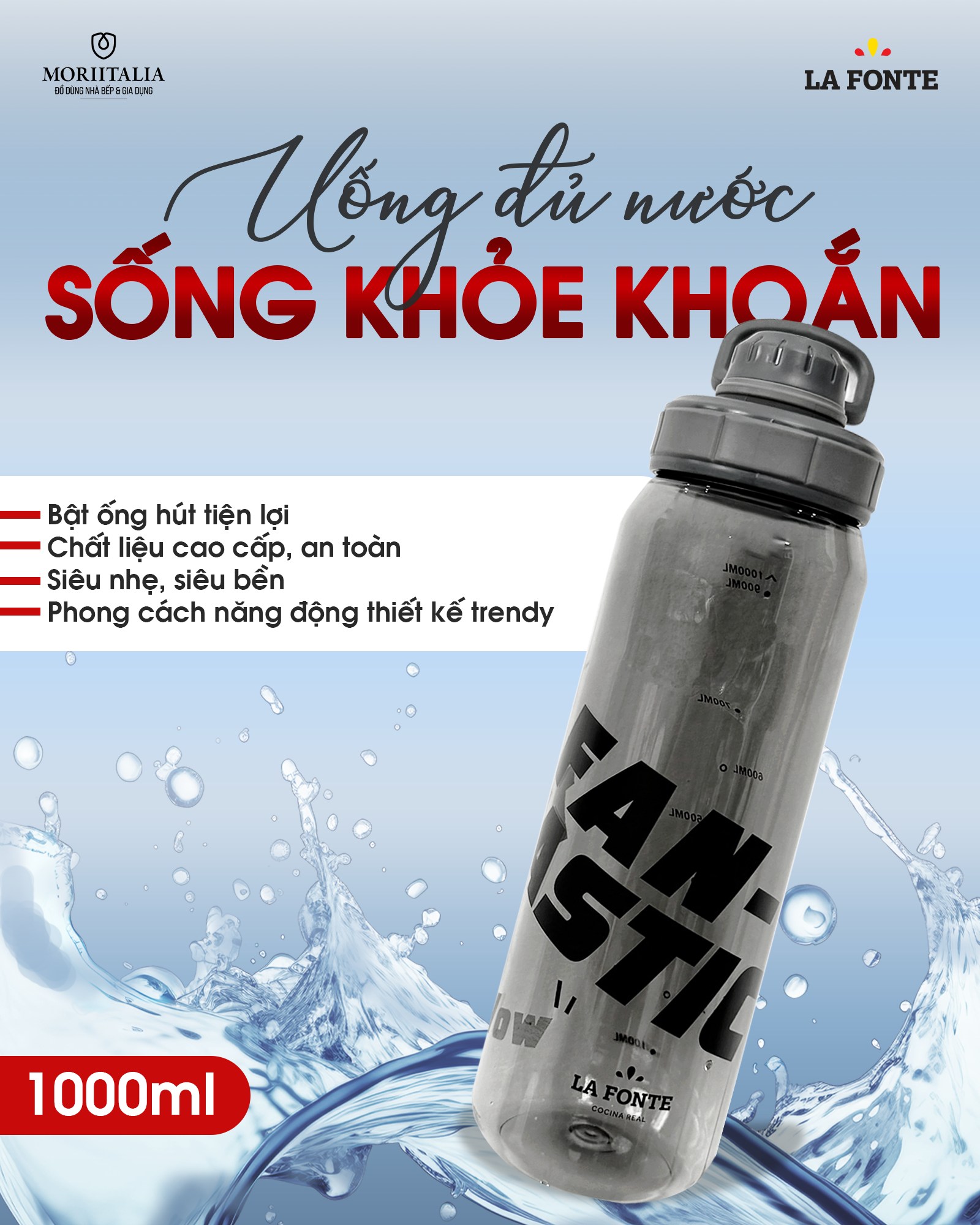 Mô tả Bình Nước Thể Thao 1000ml La Fonte – Nhựa Nguyên Sinh KHÔNG MÙI – Có Quai, Nắp Bật – Gym, Chạy Bộ - 1