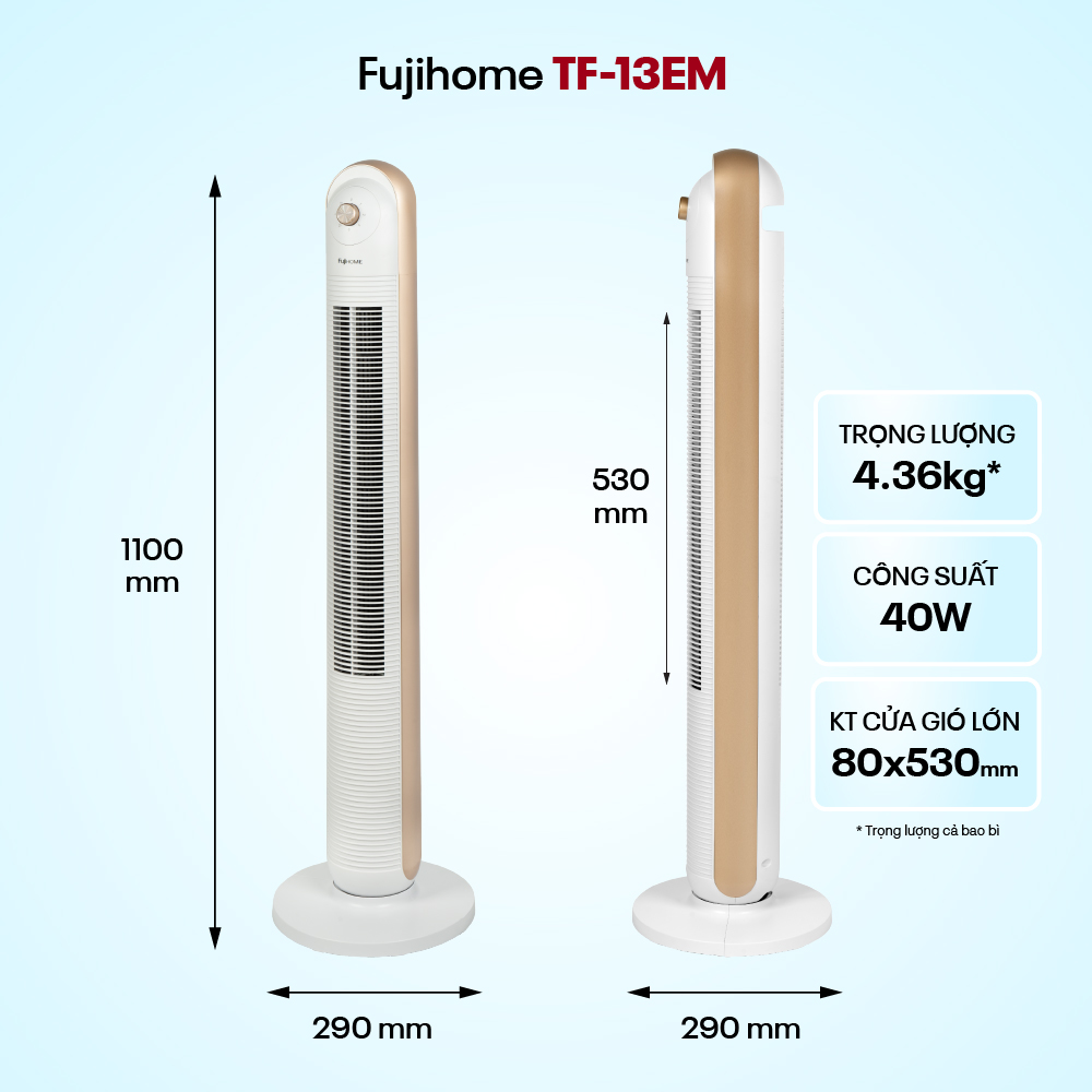 Mô tả Quạt tháp điều hòa nhập khẩu FUJIHOME TF-13EM, thiết kế hiện đại, sang trọng, 3 chế độ gió - 3