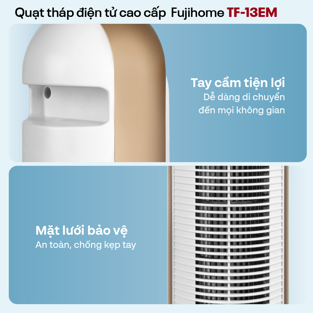 Mô tả Quạt tháp điều hòa nhập khẩu FUJIHOME TF-13EM, thiết kế hiện đại, sang trọng, 3 chế độ gió - 5