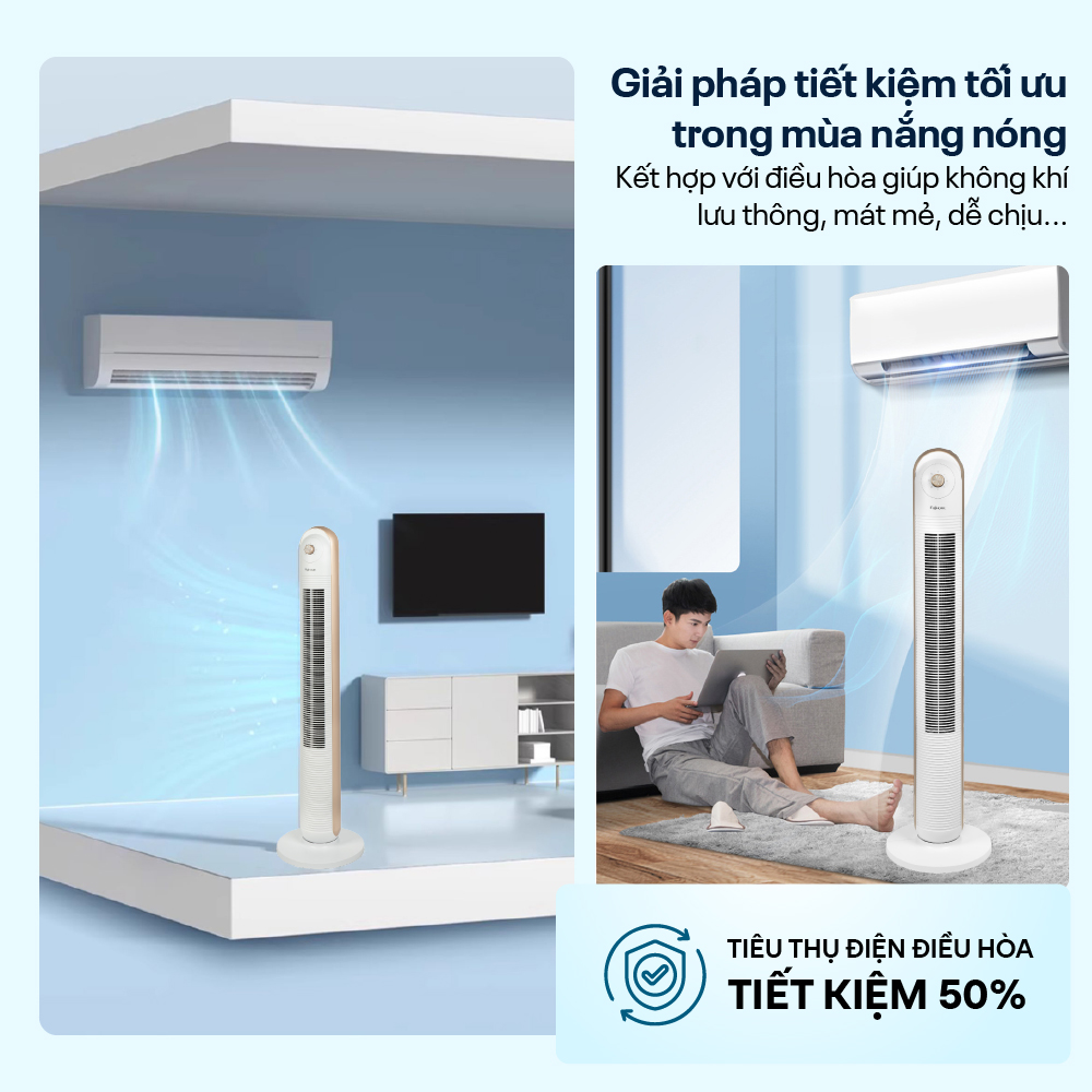 Mô tả Quạt tháp điều hòa nhập khẩu FUJIHOME TF-13EM, thiết kế hiện đại, sang trọng, 3 chế độ gió - 6