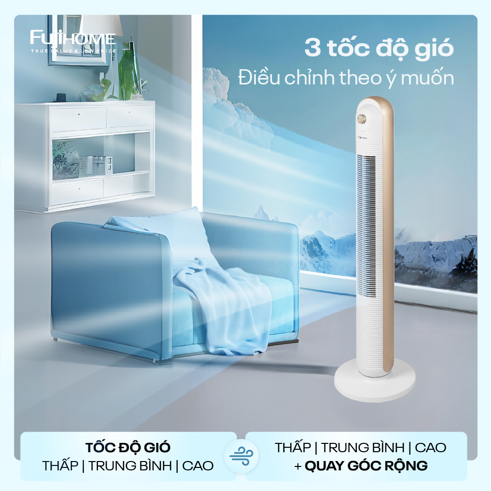 Mô tả Quạt tháp điều hòa nhập khẩu FUJIHOME TF-13EM, thiết kế hiện đại, sang trọng, 3 chế độ gió - 9