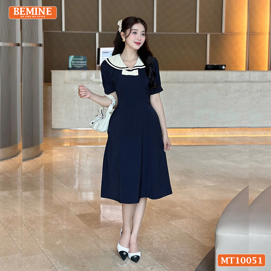 Mô tả Đầm thiết kế BEMINE cổ thủy thủ có viền đính nơ dáng chữ A phù hợp đi làm, đi chơi-MT10051 - 2