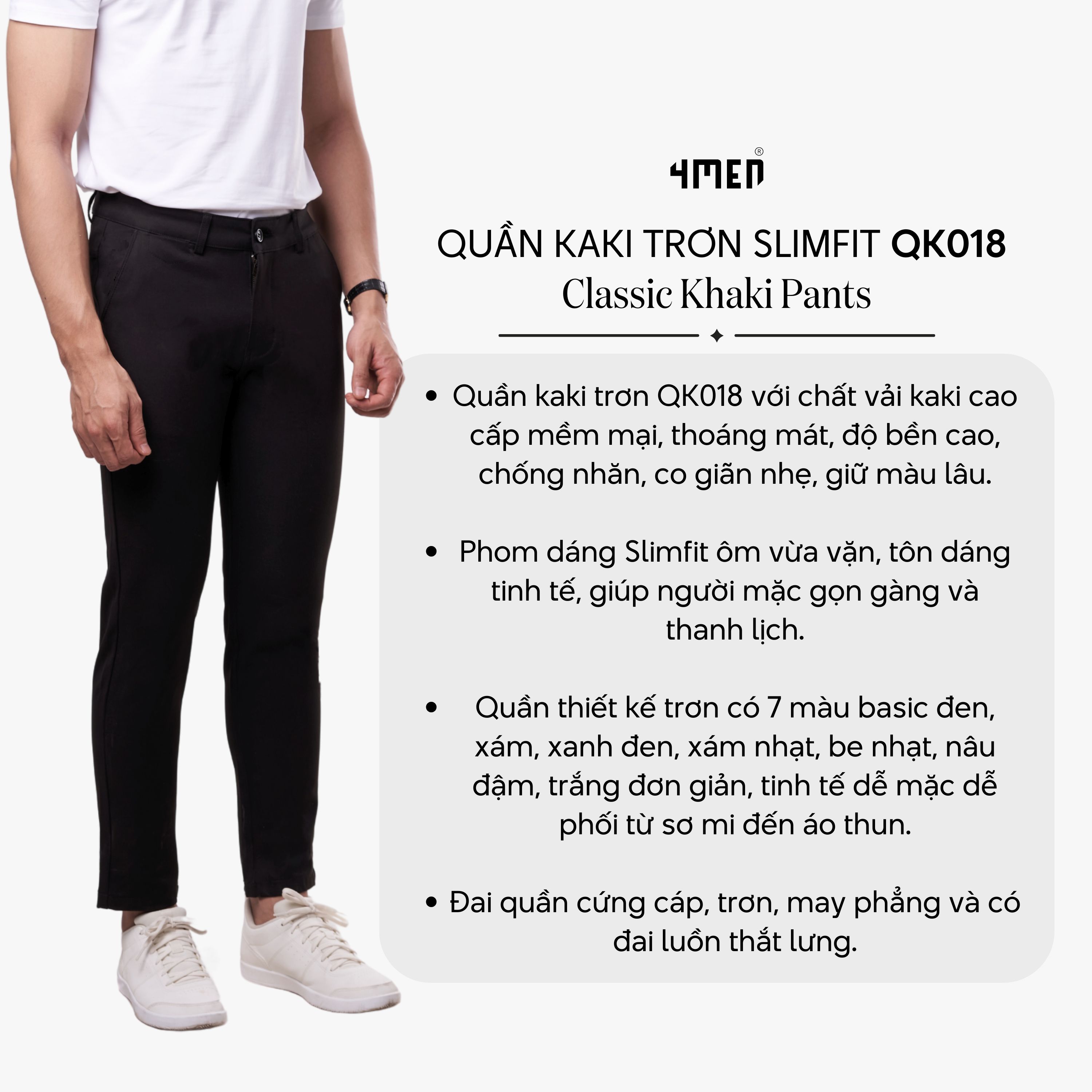 Mô tả Quần kaki dài nam trơn 4MEN QK018 form slimfit ôm tôn dáng, vải mềm mại, co giãn tốt, trẻ trung - 3