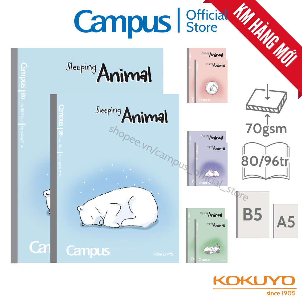 Mô tả Vở (Tập) Gáy Keo Sleeping Animal Kẻ ngang7mm/4 ly ngang 80/96/120/200 Trang Khổ B5/A5 Chính Hãng Campus - 1