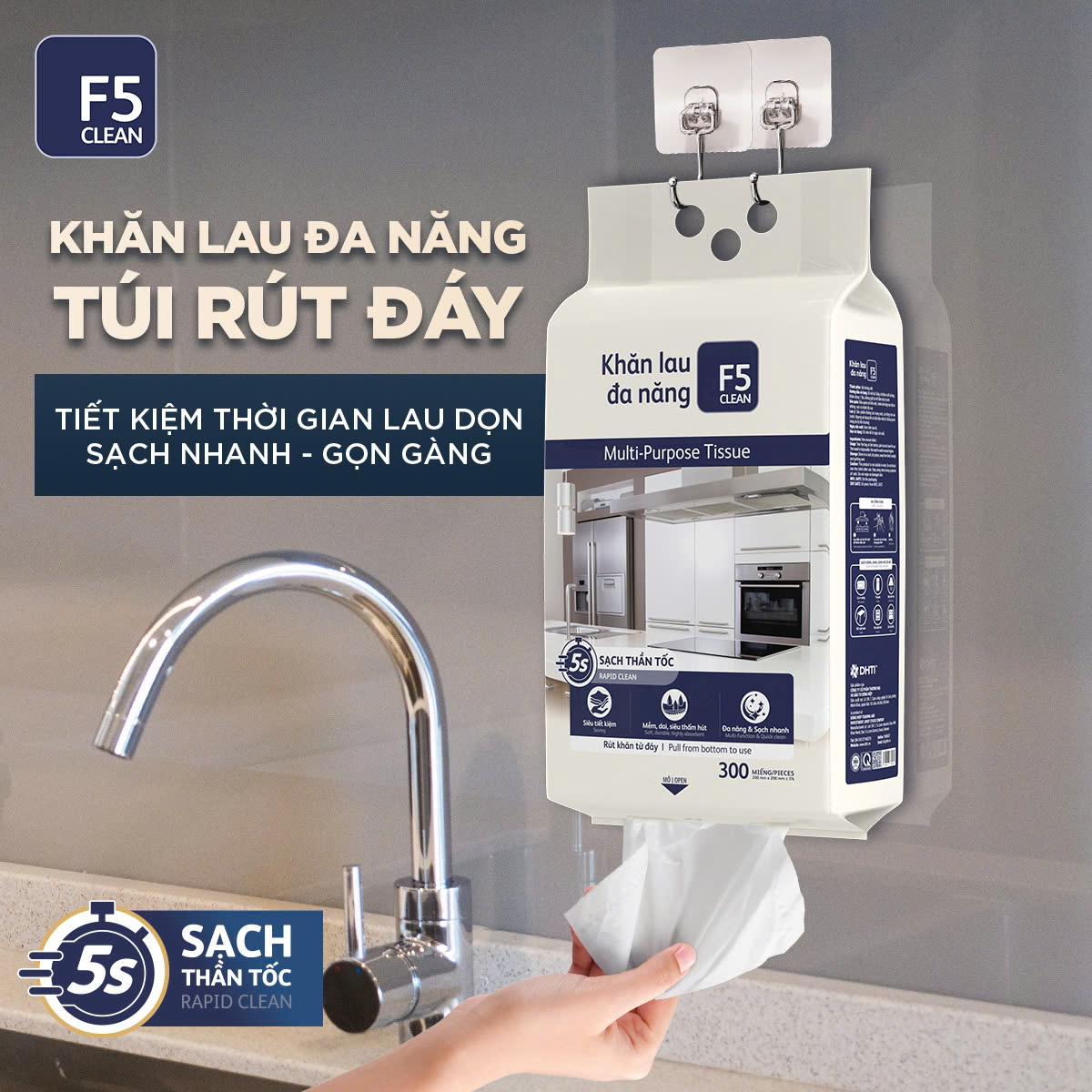 Mô tả Khăn khô lau bếp F5 Clean 300 tờ lau sạch mọi vết bẩn, không để lại sơ vải, tiện dụng, an toàn cho da tay - 1