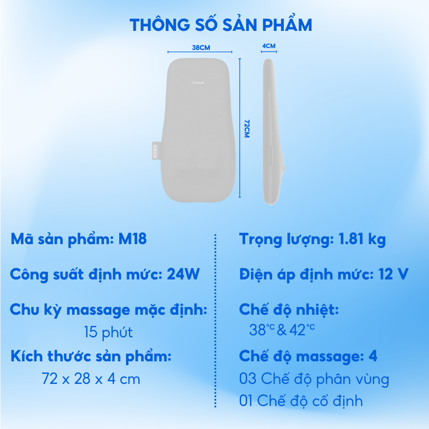 Mô tả Đệm Ghế Massage Lưng BUMAS M18 - Mát Xa Vùng Lưng, Cổ Vai Gáy Kết Hợp Chườm Ấm - Bảo Hành 12 Tháng - 10
