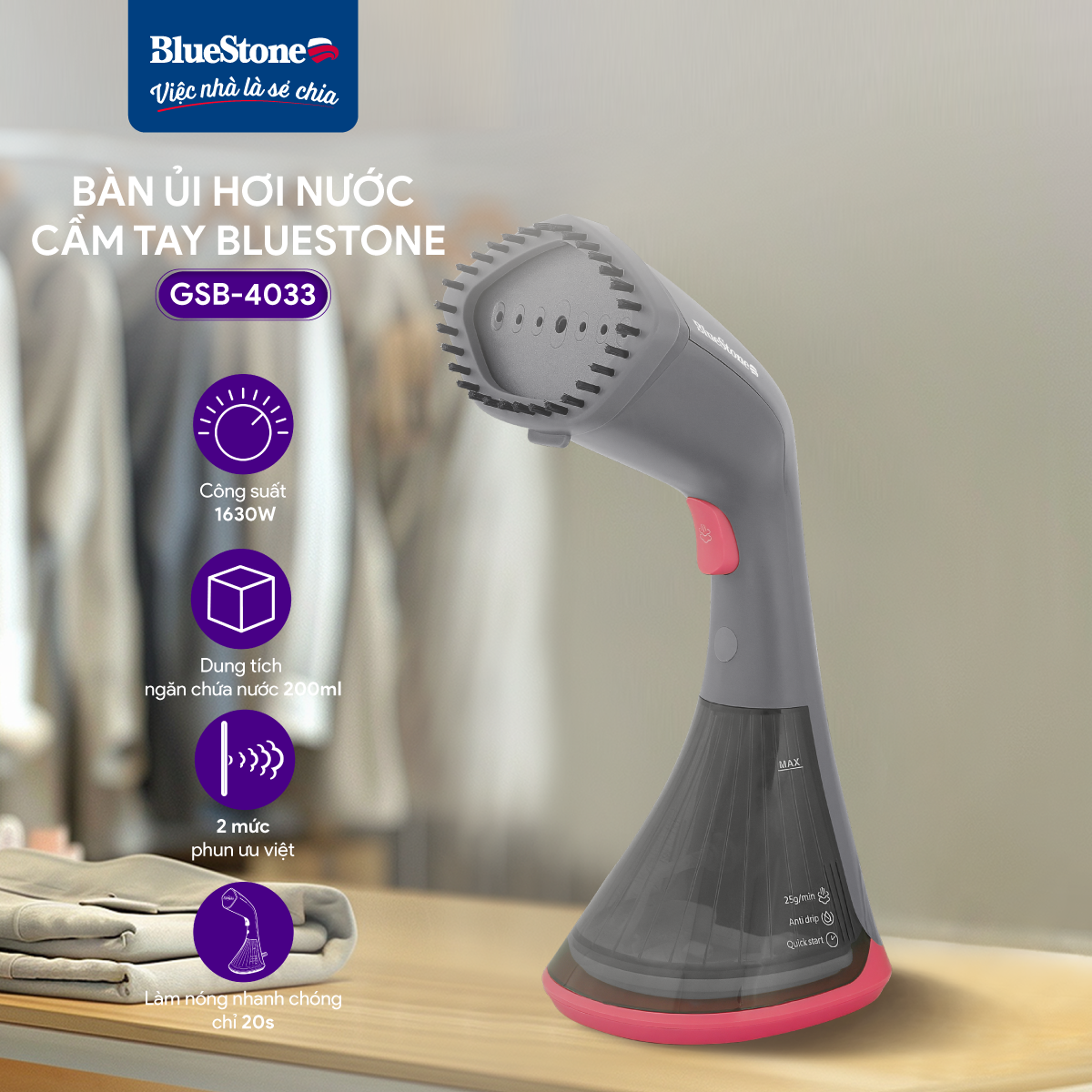 Mô tả Bàn Ủi Hơi Nước Cầm Tay BlueStone GSB-4033 - 1630W - 1