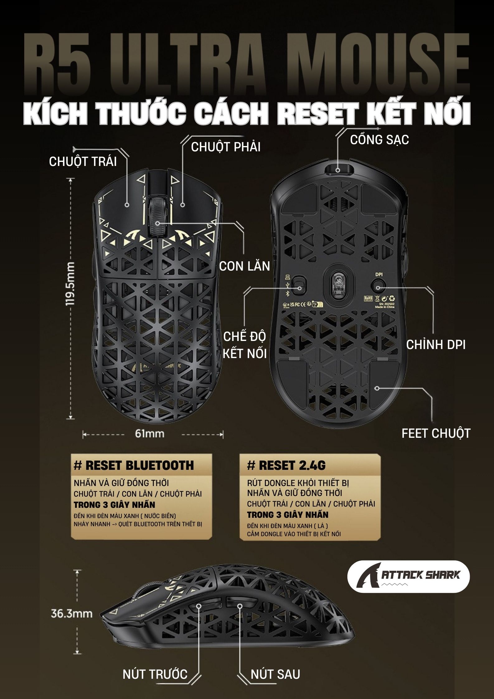 Chuột Gaming Attack Shark R5 Ultra - Siêu Nhẹ 39g, Polling 8KHz, PixArt ...