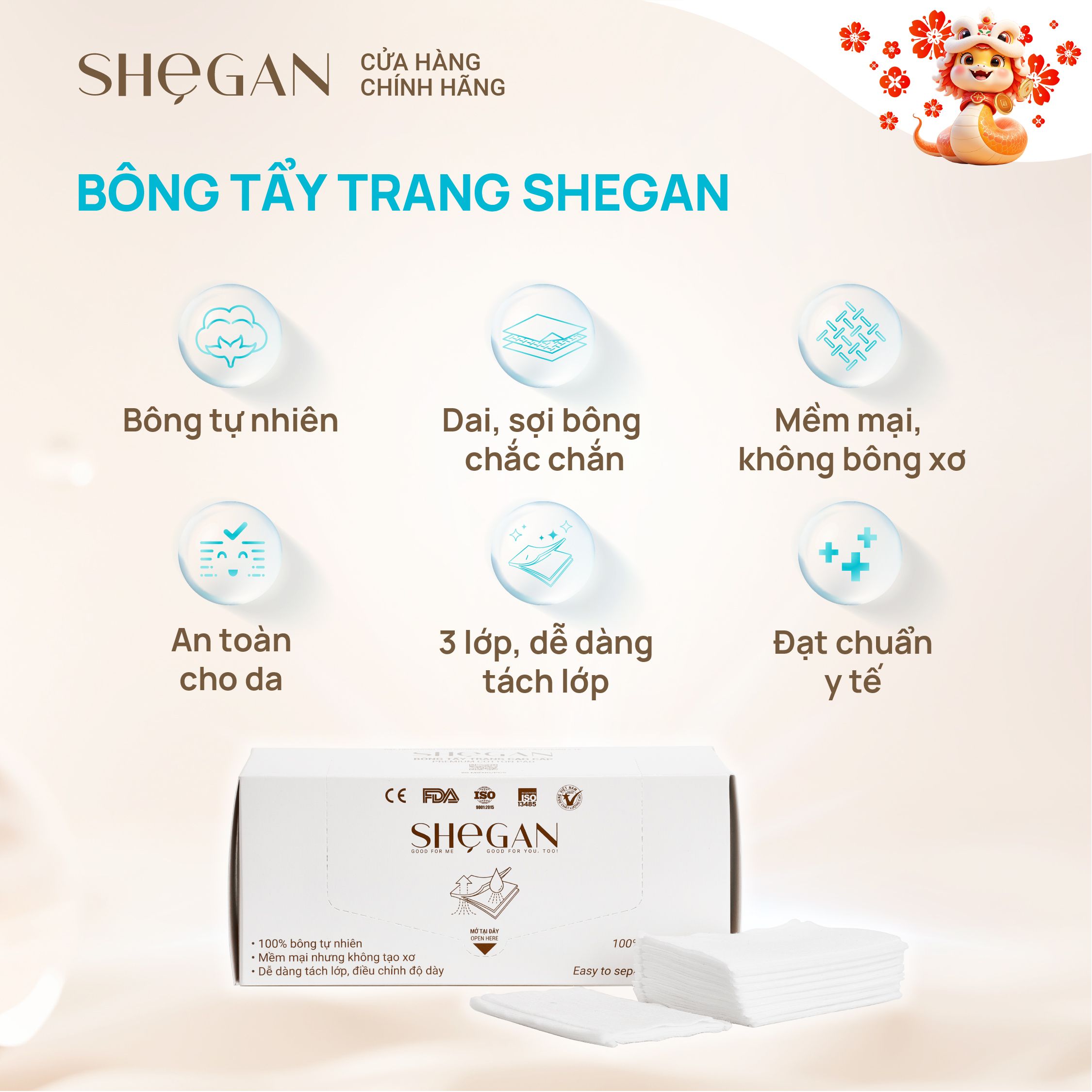 Bông Tẩy Trang Cao Cấp SHeGAN 3 Lớp 80 Miếng/Hộp - Bông Tự Nhiên, Công ...
