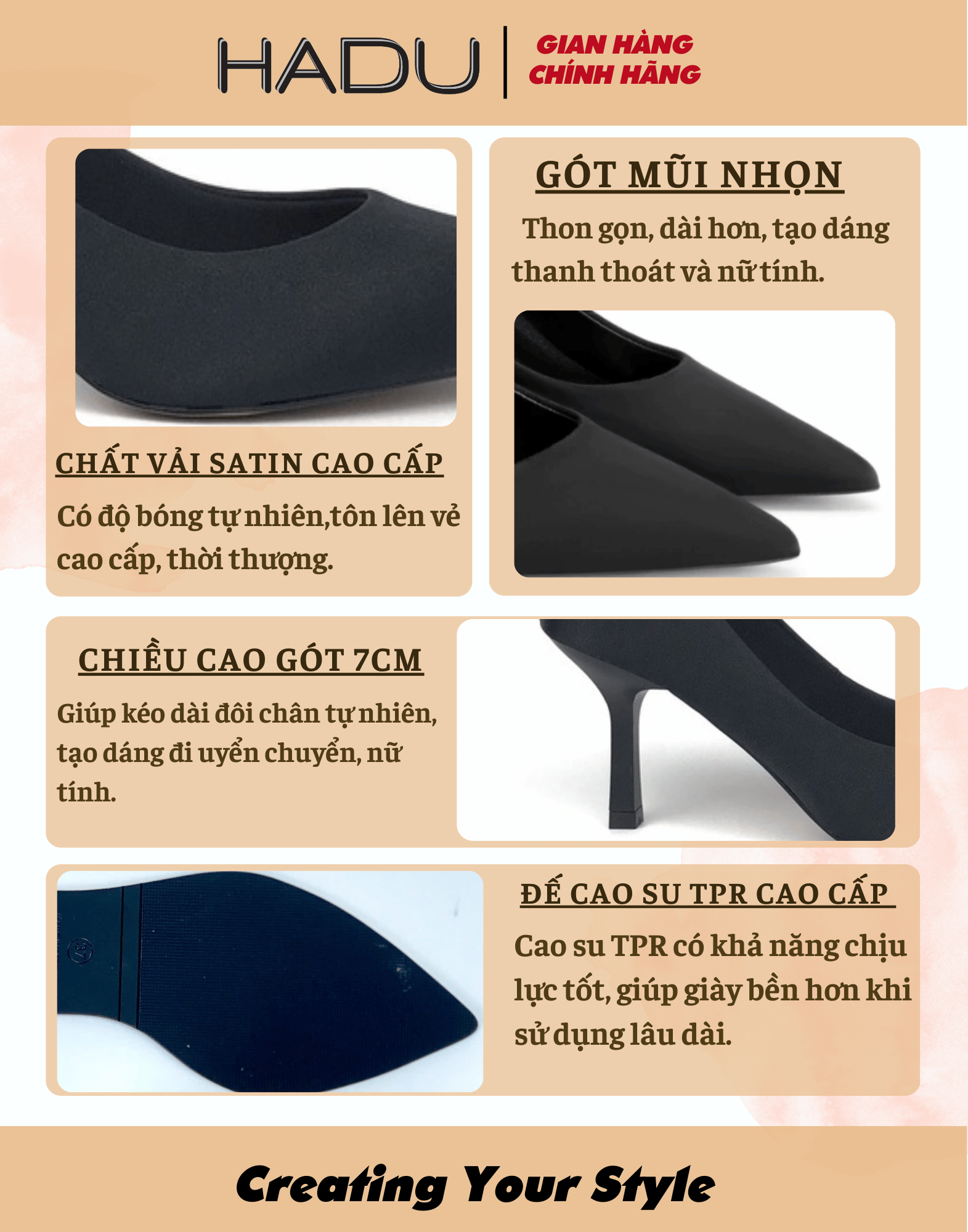 Giày Cao Gót HADU GG760 Kem