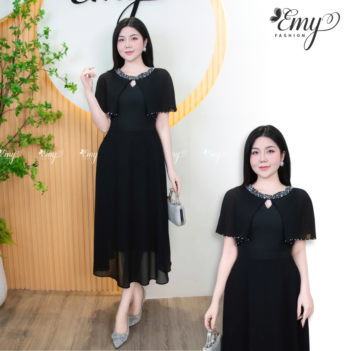 Mô tả Đầm Thiết Kế EMY Thời Trang Cao Cấp EM4013 Vải Cotton Lạnh Đen Phối Vải Chinfon Đen Sang Chảnh Đi Tiệc - 1