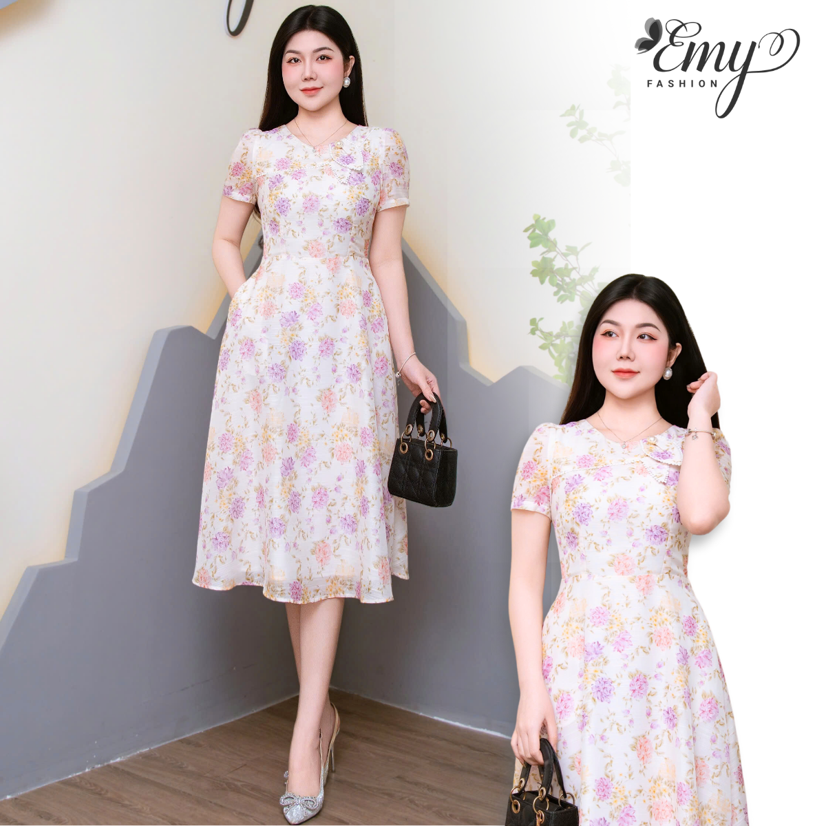 Mô tả Đầm Thiết Kế EMY Thời Trang Cao Cấp EM9595 Vải Tơ Vân Hoa Tím Cam Nền Trắng Sang Chảnh Đi Tiệc - 1