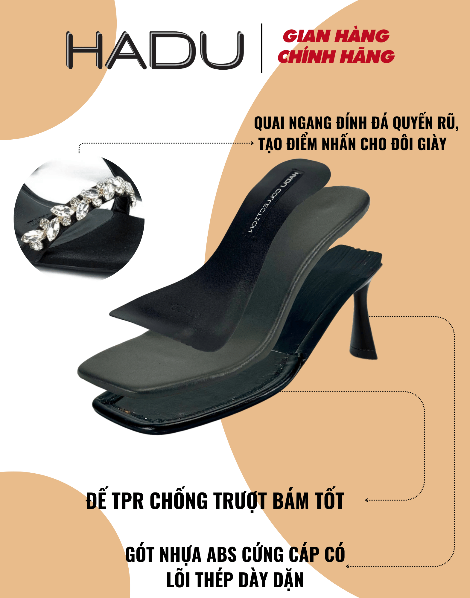 Mô tả Cao Gót 7P Quai Ngang Đính Đá HADU M7129 Sang Trọng Cao Cấp BH 12T - 3