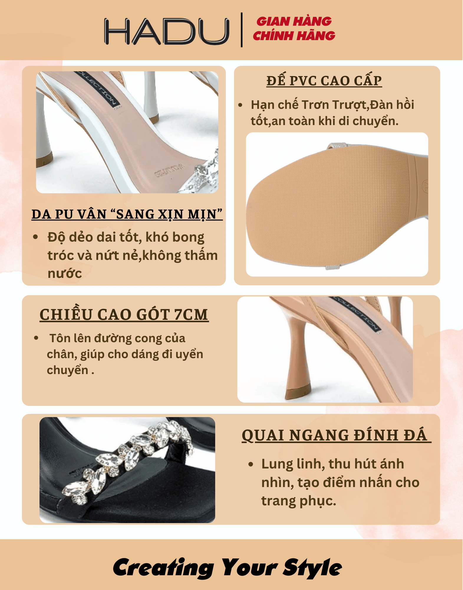 Mô tả Cao Gót 7P Quai Ngang Đính Đá HADU M7129 Sang Trọng Cao Cấp BH 12T - 2