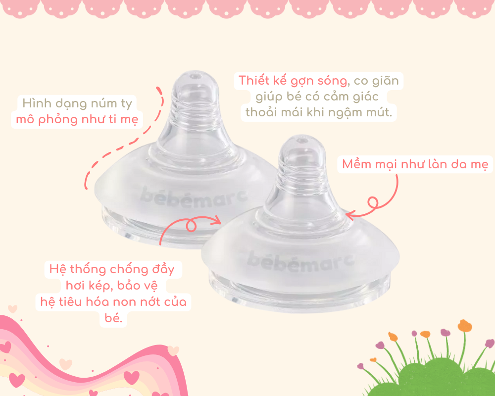 Mô tả Núm Ty Silicone Cao Cấp Kháng Khuẩn Tự Nhiên An Toàn Cho Bé Yêu bébémarc - Nhiều Size (Set 2 Cái) - 3