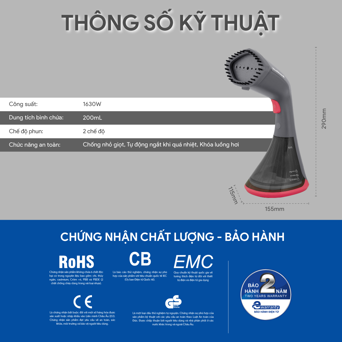 Mô tả Bàn Ủi Hơi Nước Cầm Tay BlueStone GSB-4033 - 1630W - 7