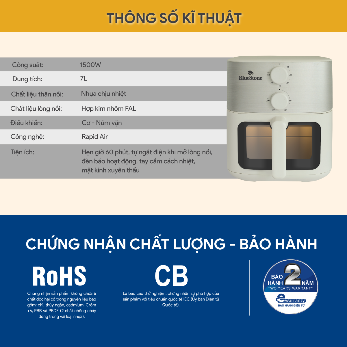 Mô tả Nồi Chiên Không Dầu BlueStone AFB-5853 - 7 Lít - 1500W - 8