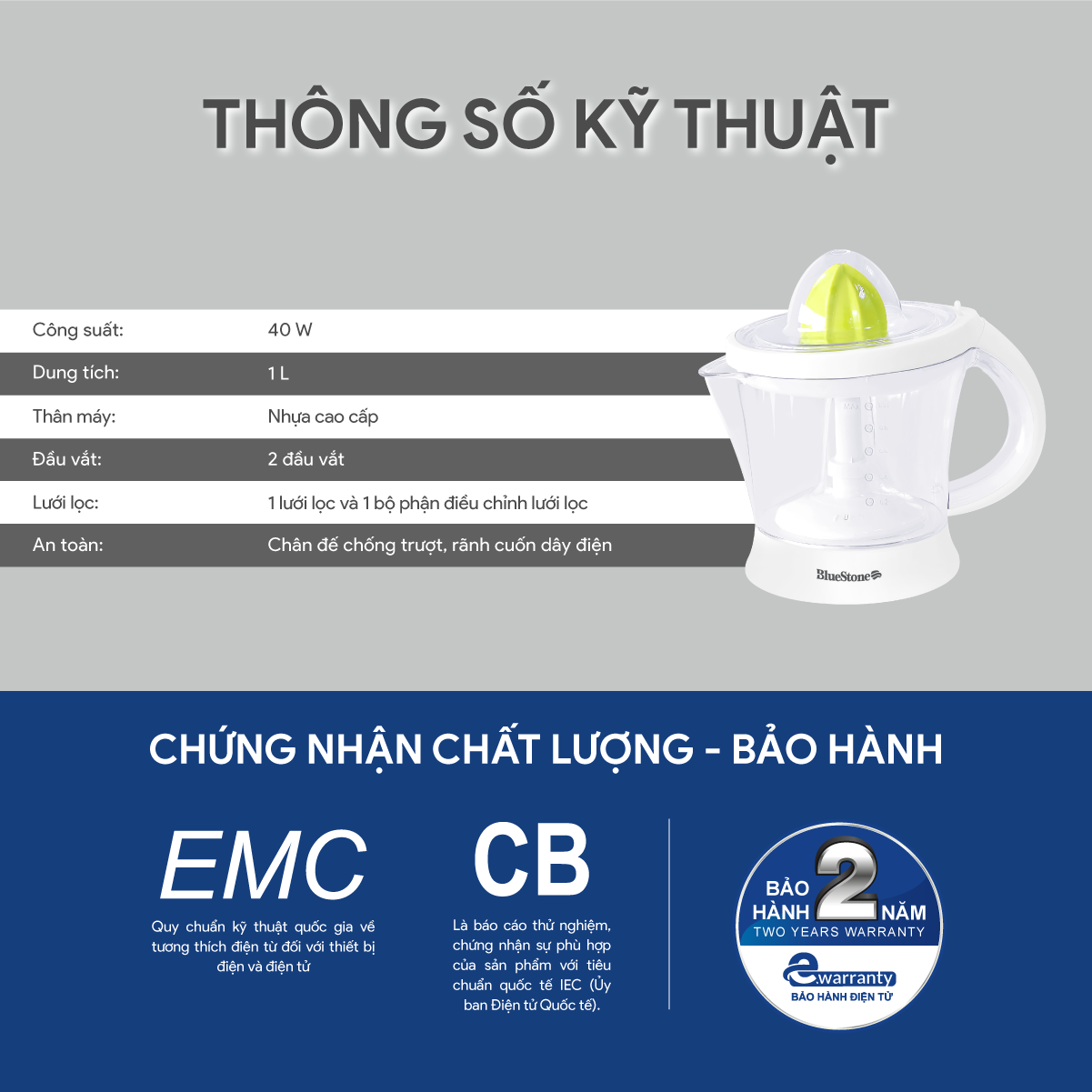 Mô tả Máy Vắt Cam BlueStone CJB-1129 - 1 lít - 40W - 8