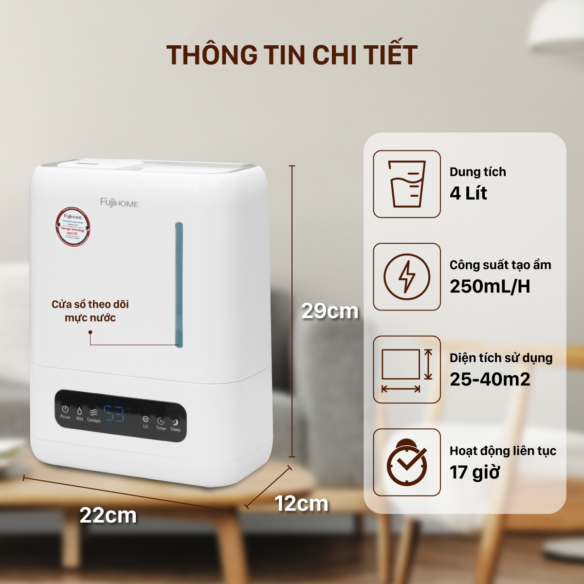 Mô tả Máy Phun Sương Tạo Ẩm Xông Tinh Dầu Fujihome HM04EUV Đầu Phun Xoay 360 Độ, Cảm Ứng, Màn LED Hiển Thị - 3