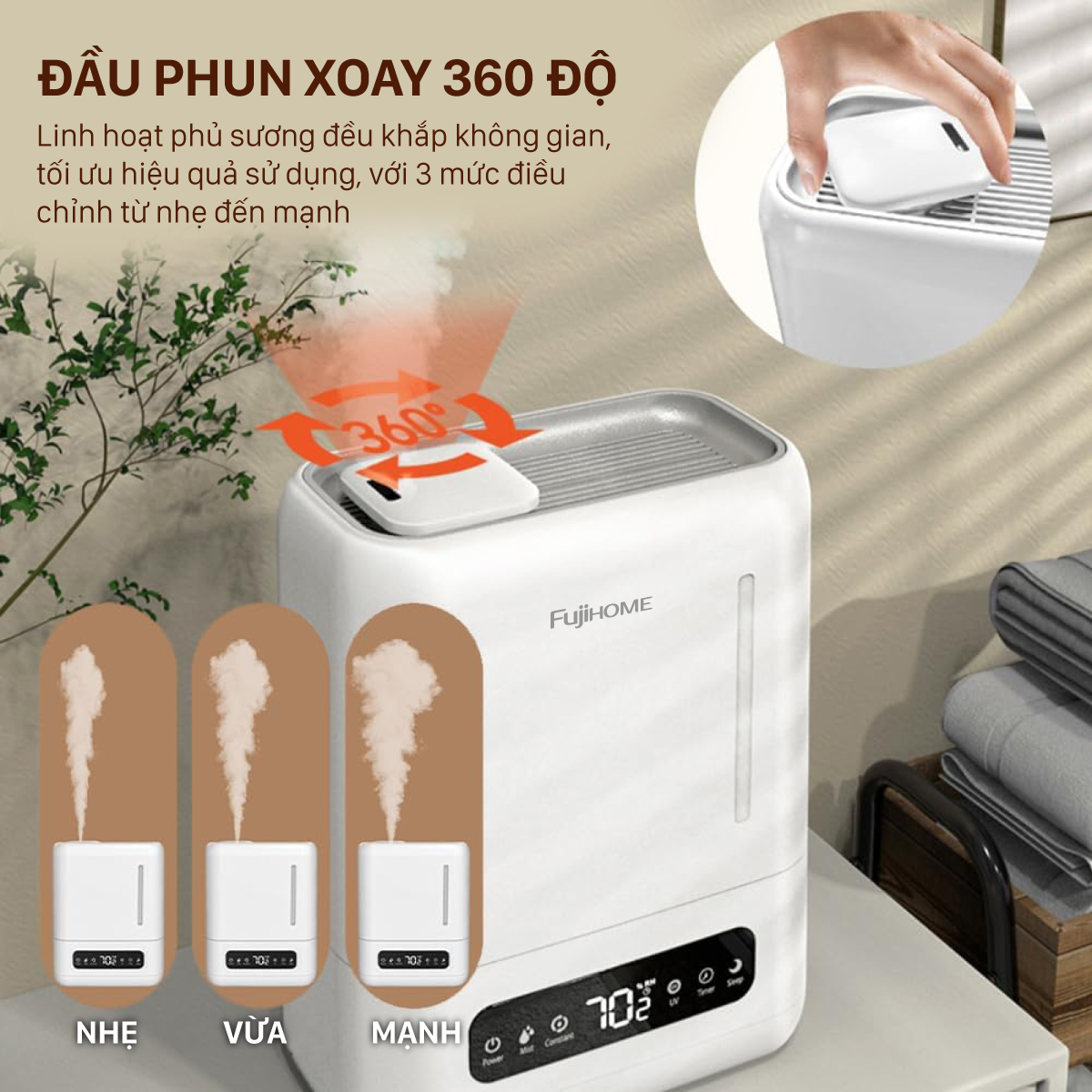 Mô tả Máy Phun Sương Tạo Ẩm Xông Tinh Dầu Fujihome HM04EUV Đầu Phun Xoay 360 Độ, Cảm Ứng, Màn LED Hiển Thị - 7