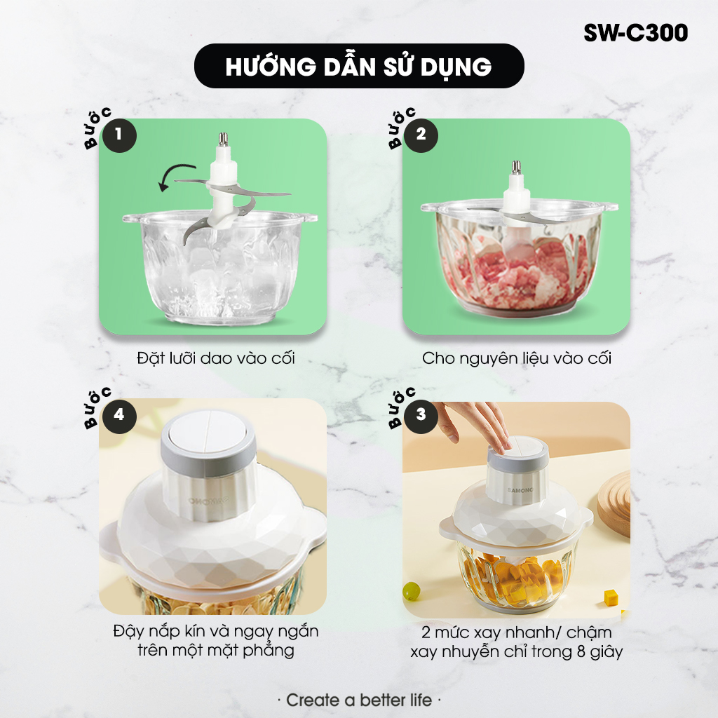 Mô tả Máy xay thịt Samono đa năng 2L công suất 350W, cối thủy tinh, 4 lưỡi dao xay thép không gỉ SW-C300/SW-069S - 2