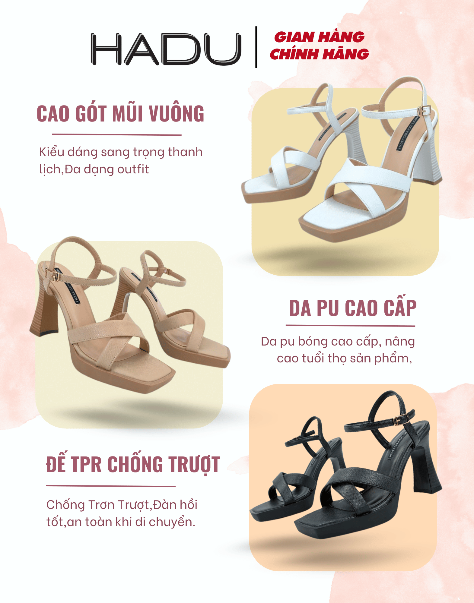 Mô tả Giày Sandal Gót Vuông 9P Đế Đúp Quai Chéo HADU M962 Da PU Vân Cát Đế TPR Chống Trơn Bảo Hành 12T - 1