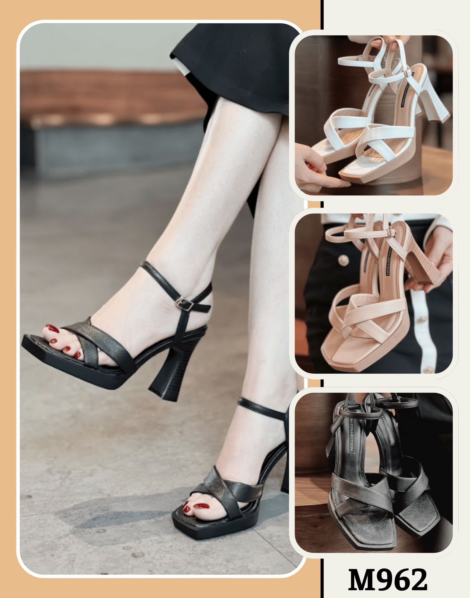 Mô tả Giày Sandal Gót Vuông 9P Đế Đúp Quai Chéo HADU M962 Da PU Vân Cát Đế TPR Chống Trơn Bảo Hành 12T - 4
