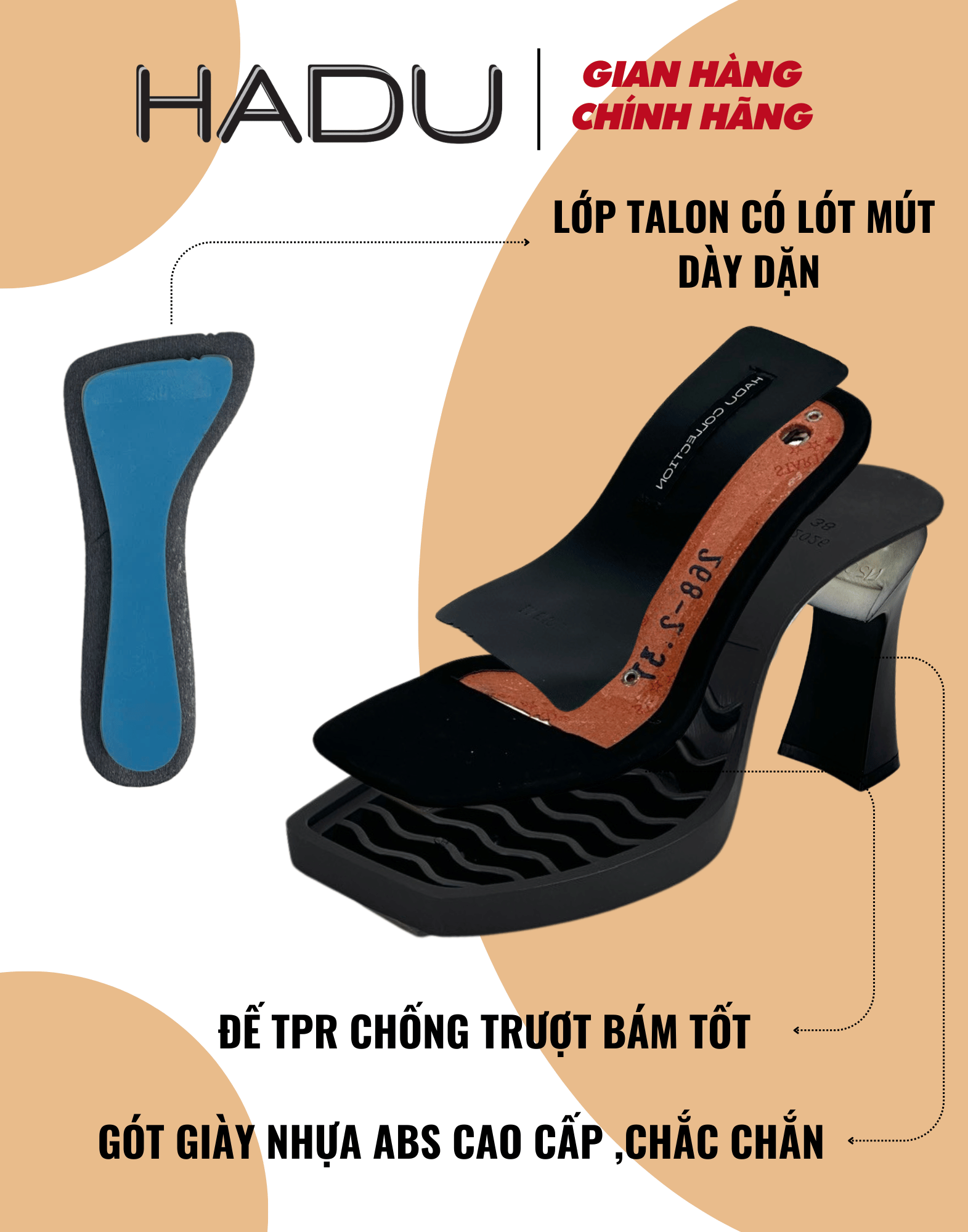 Mô tả Giày Sandal Gót Vuông 9P Đế Đúp Quai Chéo HADU M962 Da PU Vân Cát Đế TPR Chống Trơn Bảo Hành 12T - 3