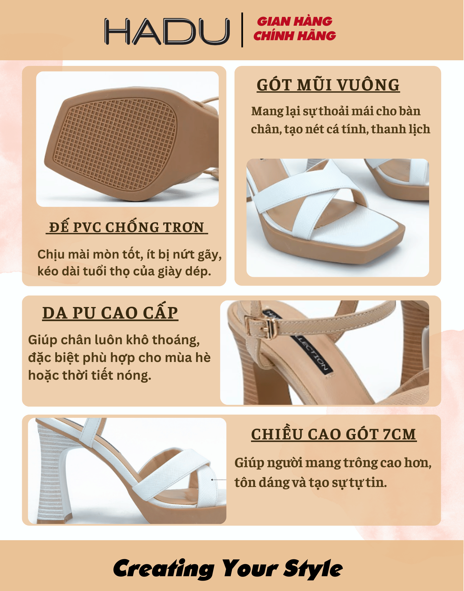 Mô tả Giày Sandal Gót Vuông 9P Đế Đúp Quai Chéo HADU M962 Da PU Vân Cát Đế TPR Chống Trơn Bảo Hành 12T - 2