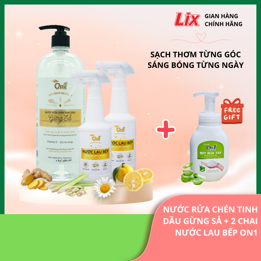 Mô tả COMBO 2 Chai Nước lau bếp năng On1 500ml tinh dầu chanh Yuzu + Nước rửa chén On1 hương gừng sả 1kg, 2C-N6701+N5503+Z0701 - 1