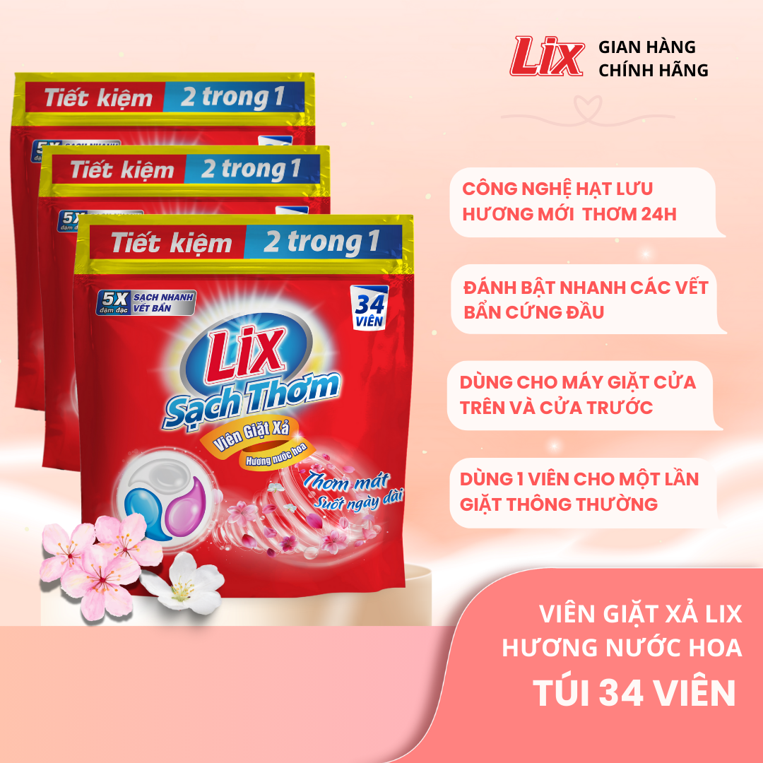 Mô tả Combo 3 viên giặt xả 2 trong 1 Lix 34 viên hương nước hoa sạch thơm mát tặng 1 chai nước lau bếp , 3C-00102+N6701 - 1