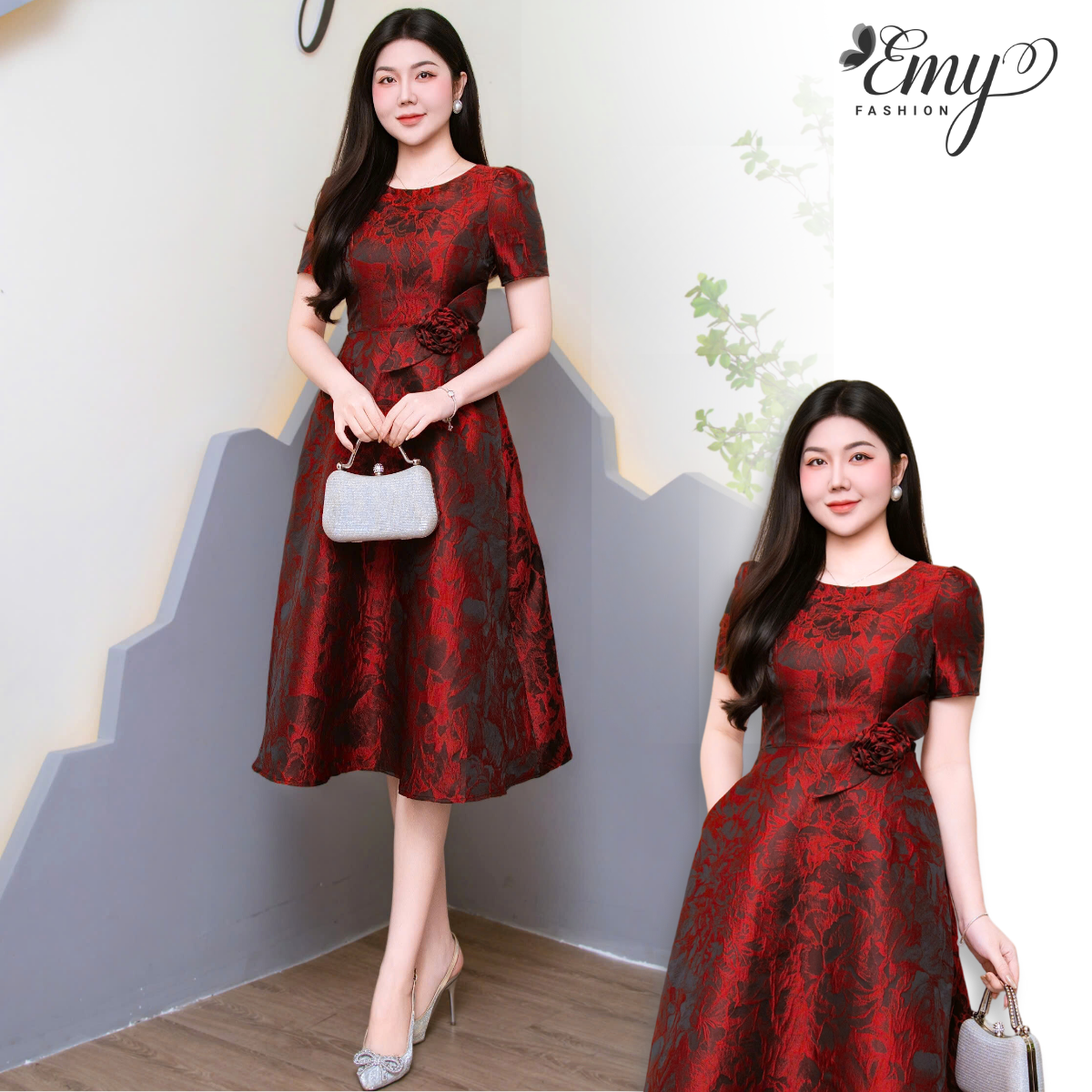 Mô tả Đầm Thiết Kế EMY Thời Trang Cao Cấp EM9604 Vải Gấm Hoa Lan Đỏ Đô Sang Chảnh Đi Tiệc - 1