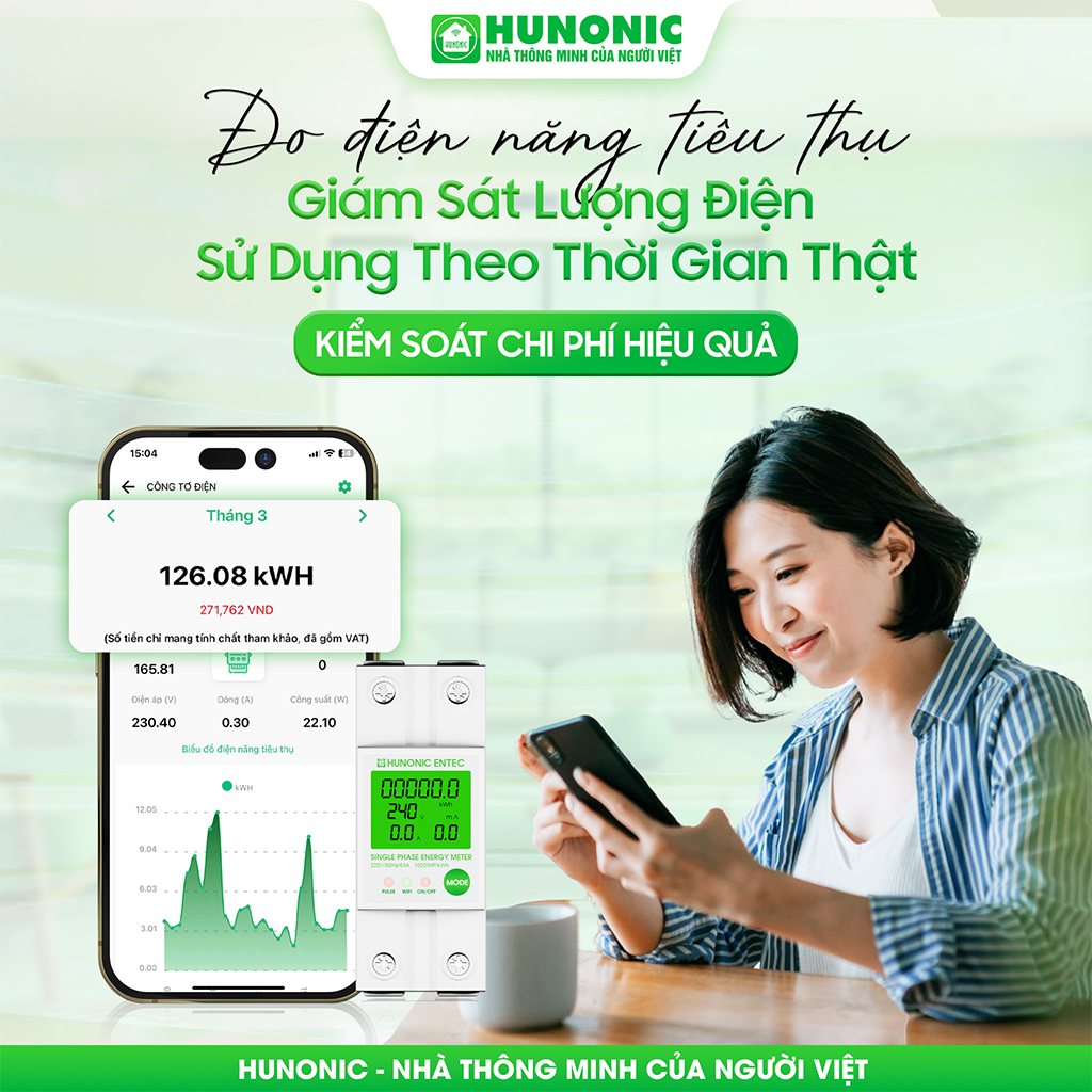Mô tả Công Tơ Điện Tử Wifi Hunonic Entec, Giám Sát, Đóng Cắt, Đo Điện Năng Tiêu Thụ Từ Xa Qua Điện Thoại - HNCTD - 3