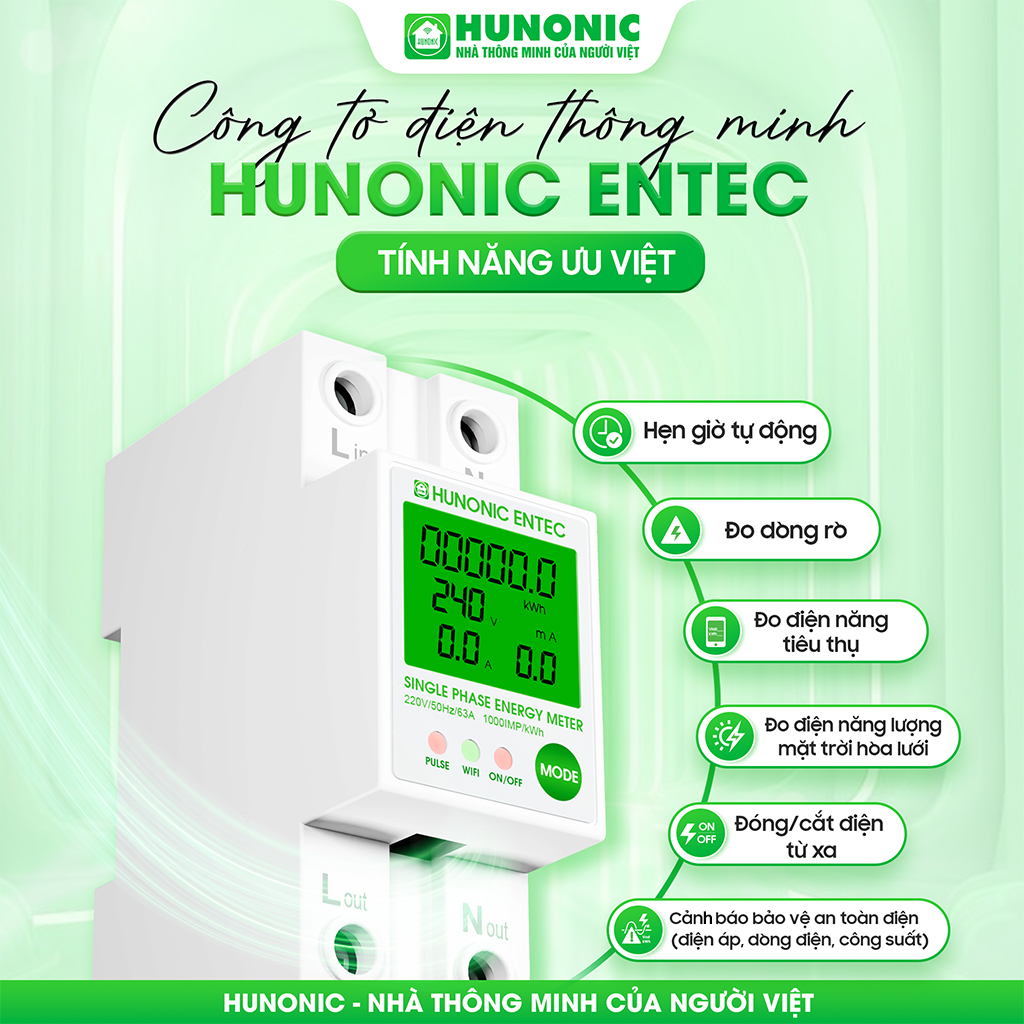 Mô tả Công Tơ Điện Tử Wifi Hunonic Entec, Giám Sát, Đóng Cắt, Đo Điện Năng Tiêu Thụ Từ Xa Qua Điện Thoại - HNCTD - 1