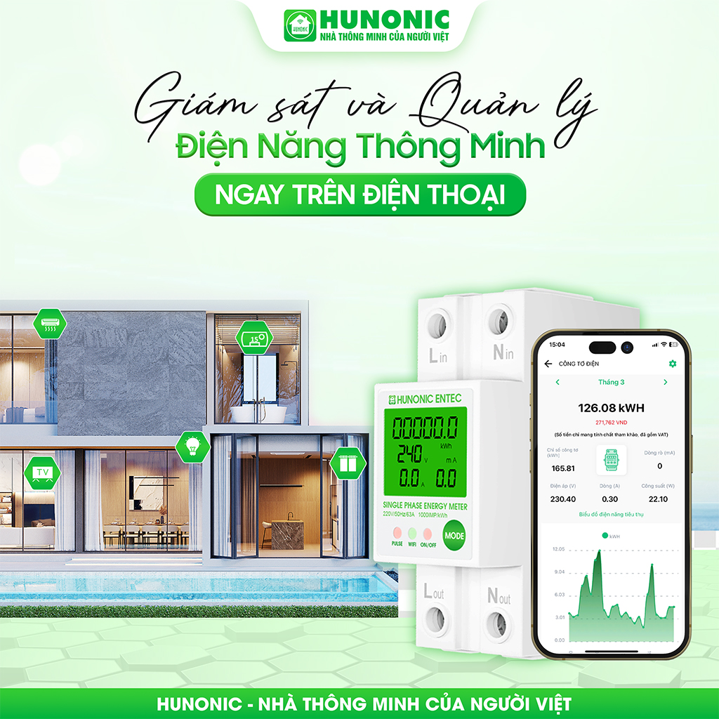 Mô tả Công Tơ Điện Tử Wifi Hunonic Entec, Giám Sát, Đóng Cắt, Đo Điện Năng Tiêu Thụ Từ Xa Qua Điện Thoại - HNCTD - 2