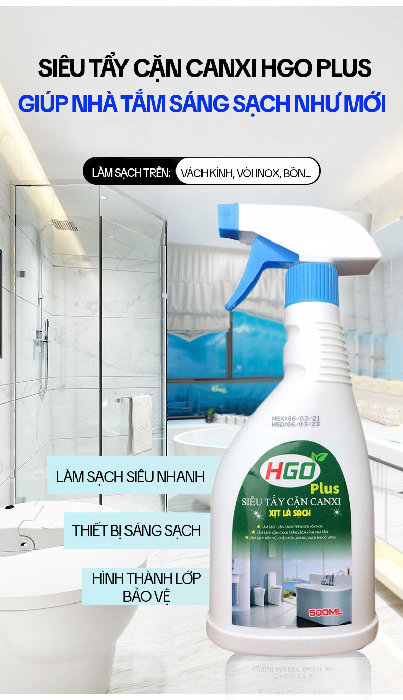 Mô tả Tẩy Cặn Canxi Nhà Tắm HGO PLUS - Tẩy Cặn Canxi Inox, Kính, Bồn Sứ, Gạch Men, Gương Soi, Lavabo 500ml - 1
