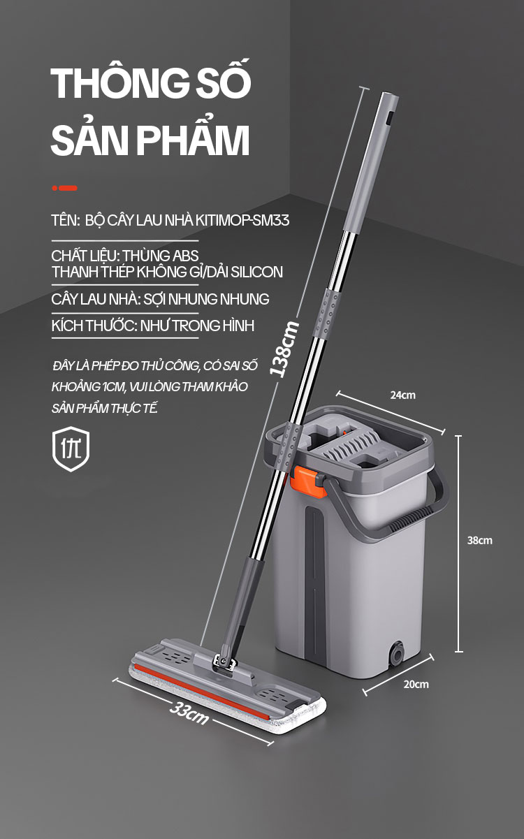 Mô tả Bộ Cây Lau Nhà KITIMOP SM33 PRO - Thùng Lau Nhà Tự Vắt Thông Minh, Chổi Lau Nhà Xoay 360 Độ, Lau Sàn Làm Sạch - 12