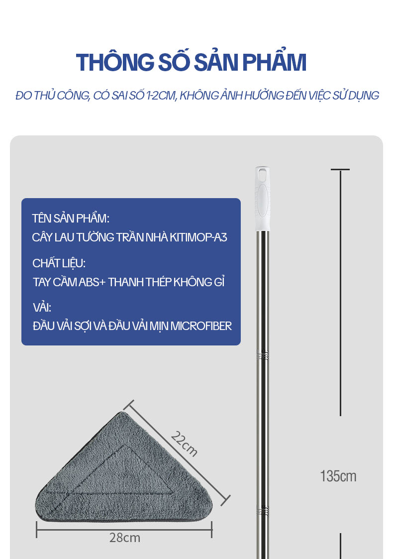 Mô tả Cây Lau Trần Nhà KITIMOP A3 - Chổi Lau Tường Nhà Thông Minh, Cây Lau Nhà, Lau Kính Đa Năng - 11