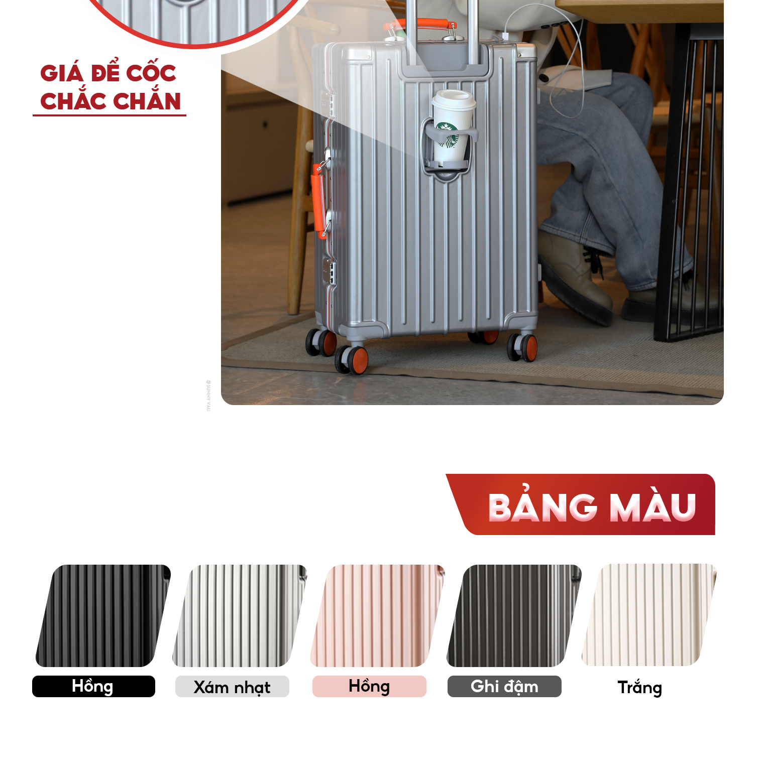 Mô tả Vali SUNNY Raymond - vali khung nhôm nhựa PC + ABS - ngăn đựng cốc, cổng sạc tiện ích 20/24/28 inch - 3