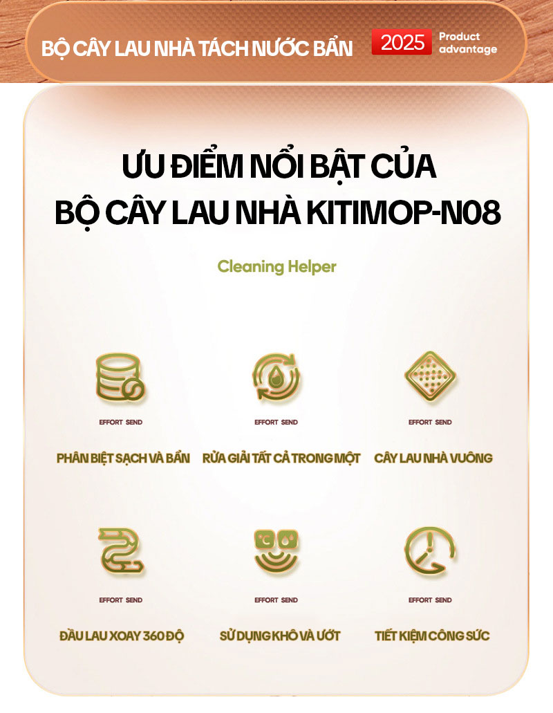 Mô tả Bộ Cây Lau Nhà Tách Nước Bẩn KITIMOP N08 PRO - Thùng Lau Nhà Tự Vắt Thông Minh, Chổi Lau Nhà 360 Độ, Lau Sàn Làm Sạch - 2