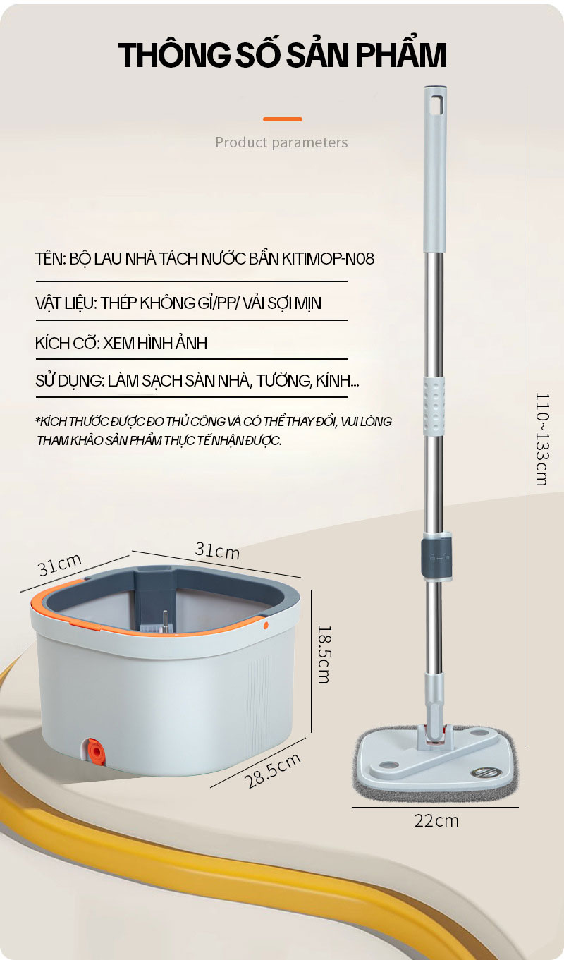 Mô tả Bộ Cây Lau Nhà Tách Nước Bẩn KITIMOP N08 PRO - Thùng Lau Nhà Tự Vắt Thông Minh, Chổi Lau Nhà 360 Độ, Lau Sàn Làm Sạch - 12
