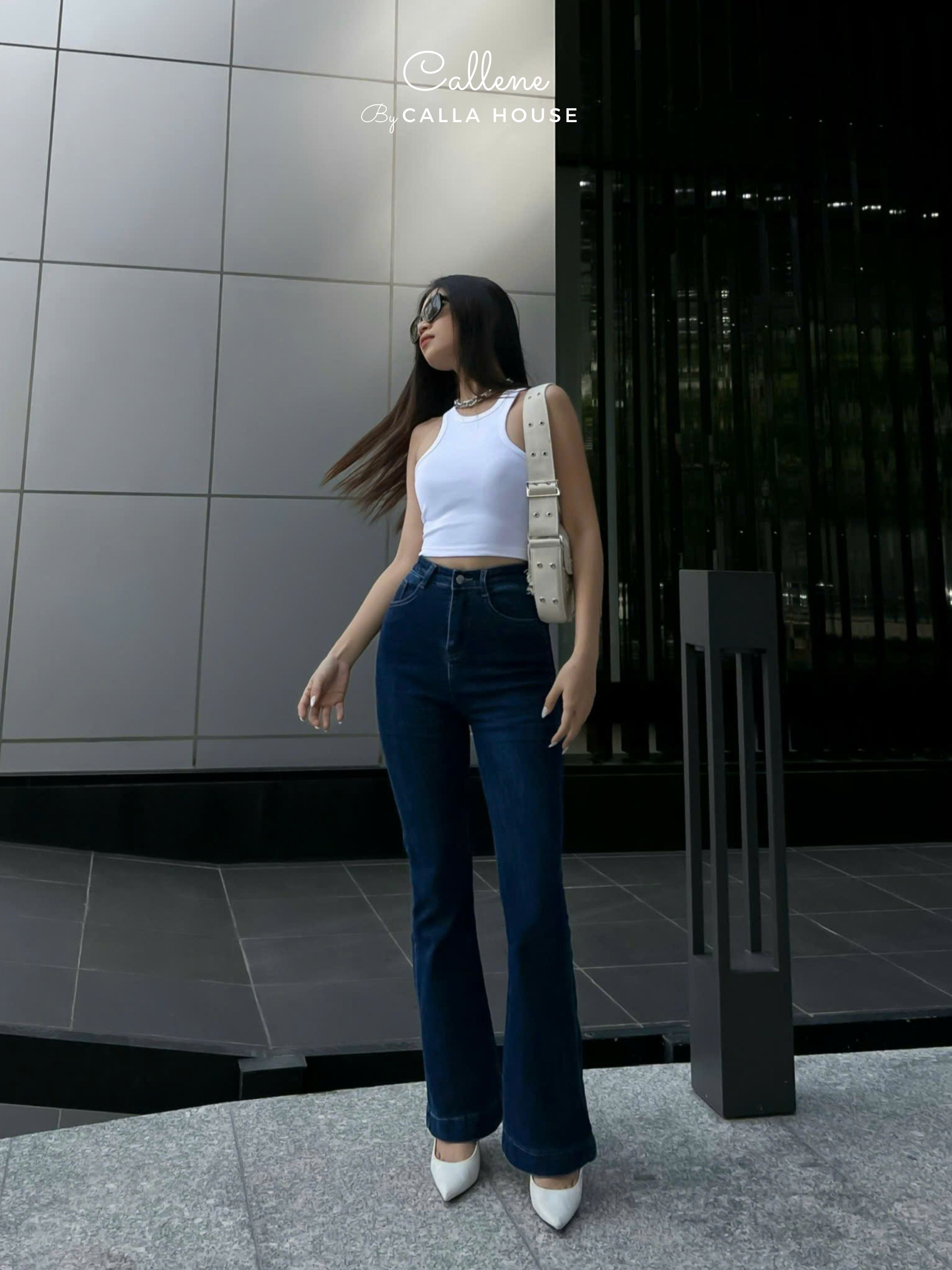 Mô tả Quần jeans nữ dài ống loe lai bản to 4 phân cạp cao tôn dáng Callene (L1874) - 1