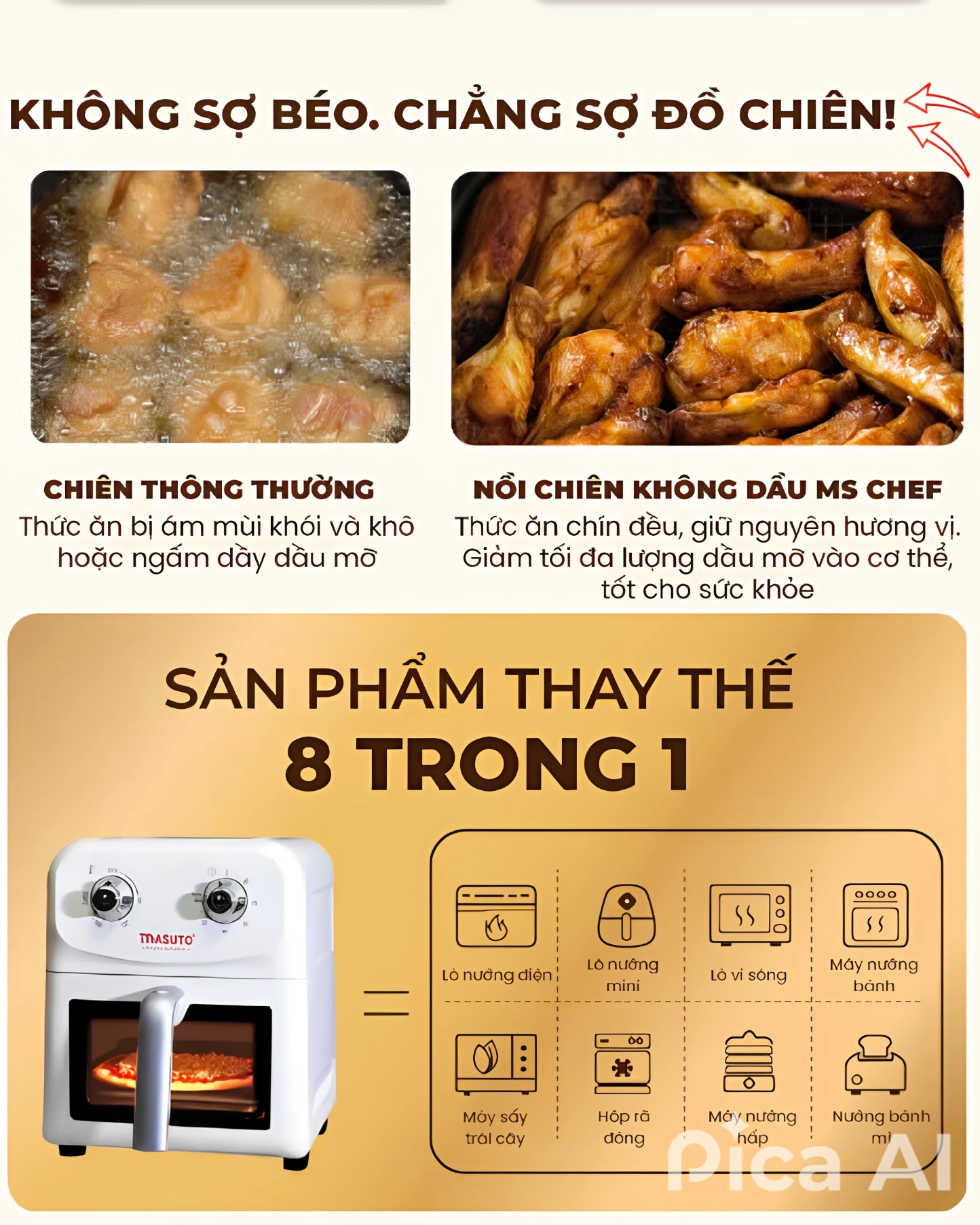 Mô tả Nồi Chiên Không Dầu Masuto MSChef 6L cửa sổ kính vỏ máy kim loại 1500W Đa Năng An Toàn - 2