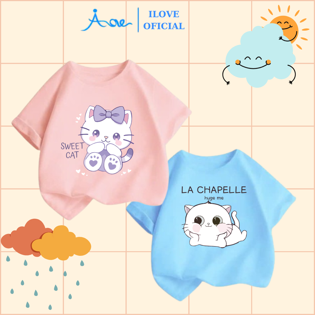 Mô tả ILOVE Áo thun CHÚ MÈO dễ thương, áo phông cộc tay chất COTTON mềm mịn, thoáng mát dành cho bé gái 8.5-32kg - 1