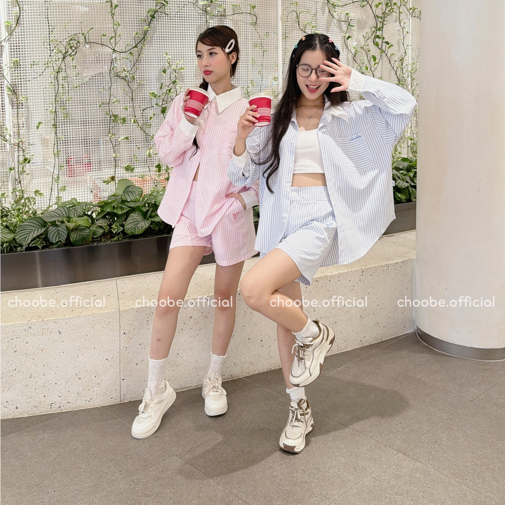Mô tả Áo sơ mi nữ Choobe oversize kẻ sọc chất liệu kate Hàn cotton hoạ tiết thình thêu trẻ trung ASM08 - 1