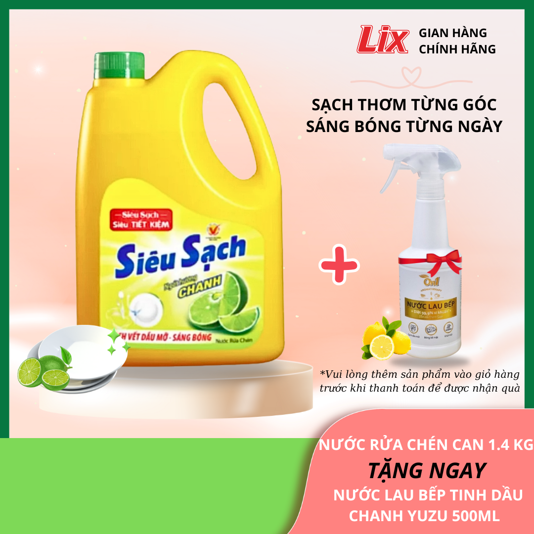Mô tả Combo 2 nước rửa chén Lix siêu sạch hương chanh can 1,4kg tặng 1 nước lau bếp On1 tinh dầu chanh Yuzu, 2C-NS140+N6701 - 1