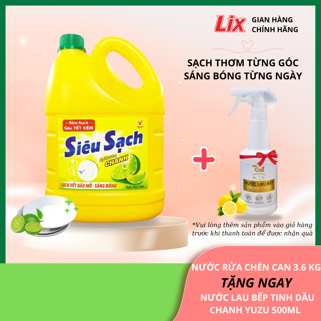 Mô tả Nước rửa chén siêu sạch chanh 3,5kg NS351 hương chanh thơm mát tặng 1 nước lau bếp On1 500g tinh dầu chanh, NS351+N6701 - 1