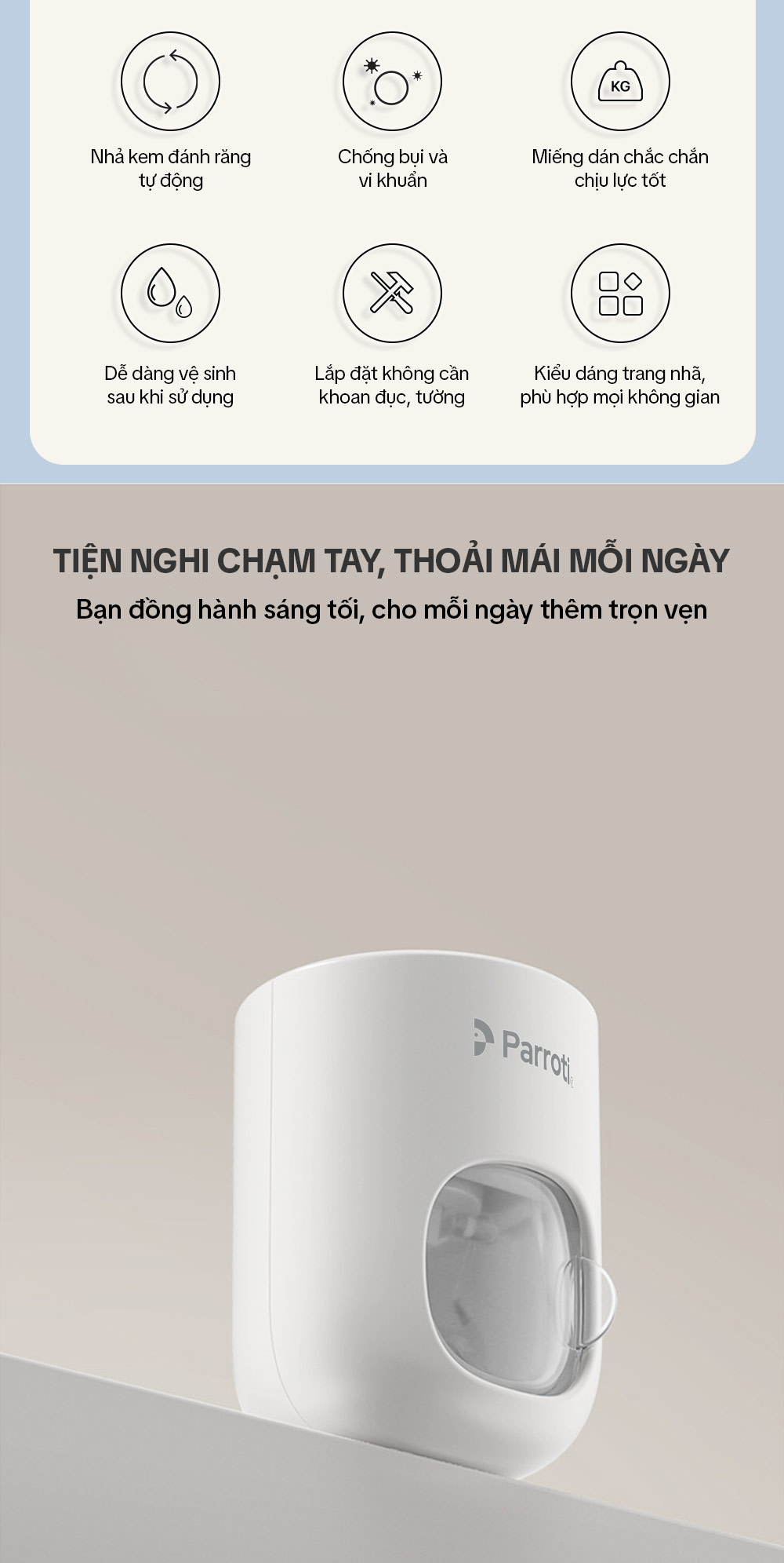 Mô tả Hộp Nhả Kem Tự Động Dán Tường, Hộp Nhả Kem Đánh Răng Rời Có Nắp Đậy Thông Minh Parroti Morning -  MI01 - 2