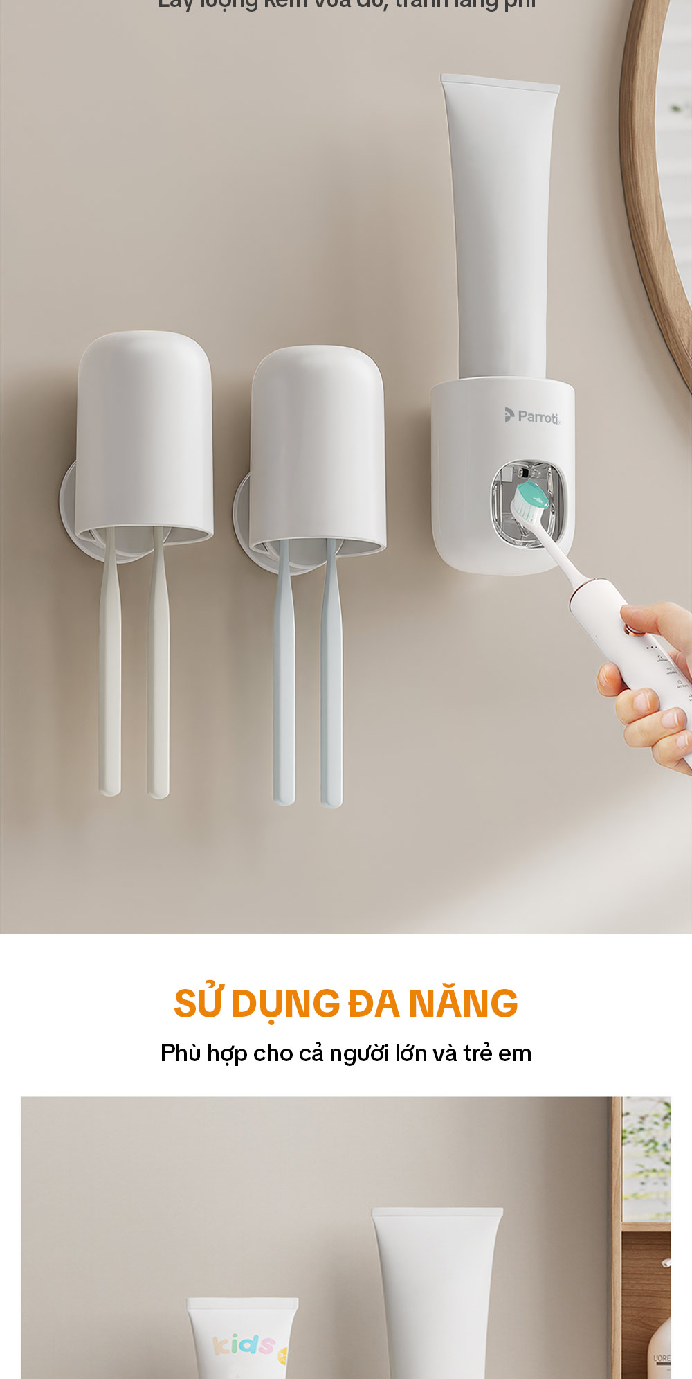 Mô tả Hộp Nhả Kem Tự Động Dán Tường, Hộp Nhả Kem Đánh Răng Rời Có Nắp Đậy Thông Minh Parroti Morning -  MI01 - 4