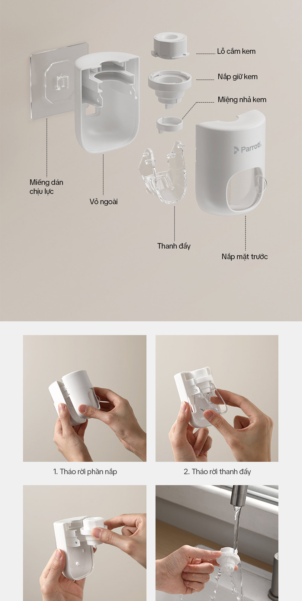 Mô tả Hộp Nhả Kem Tự Động Dán Tường, Hộp Nhả Kem Đánh Răng Rời Có Nắp Đậy Thông Minh Parroti Morning -  MI01 - 8
